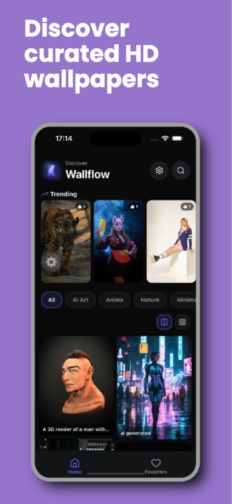 Wallflow app showing trending wallpapers and categories